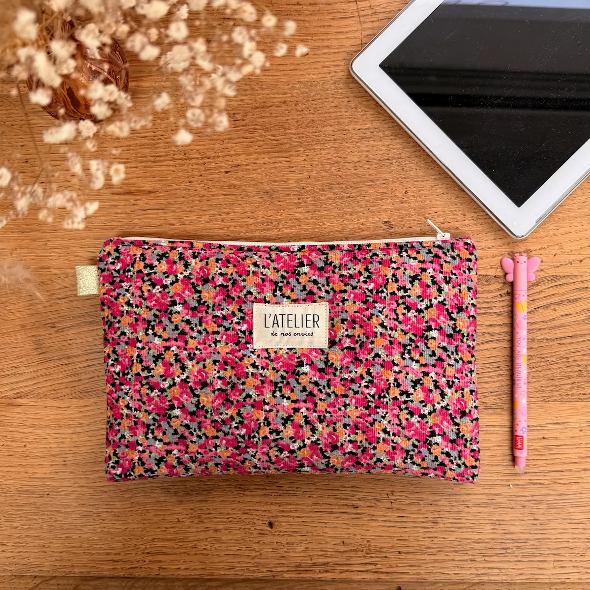 pochette molletonnée à tablette 8,3 pouces avec un tissu velours côtelé à fleurs